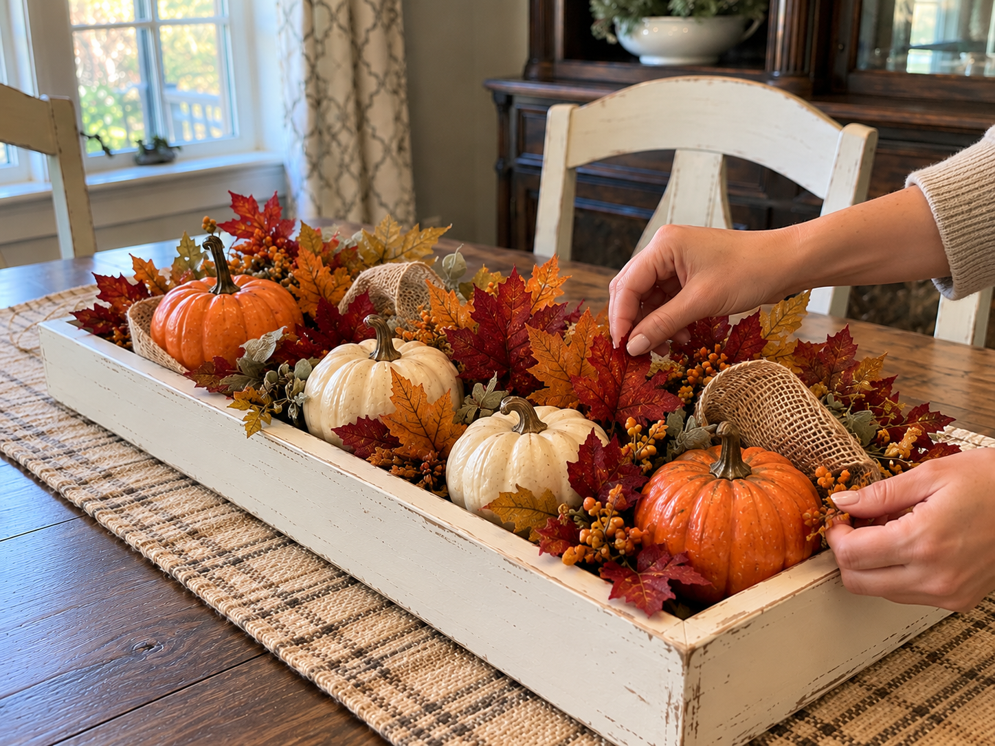 DIY Distressed Wooden Tray Fall Centerpiece for a Thanksgiving Table, step 6: Tuck Faux Autumn Foliage