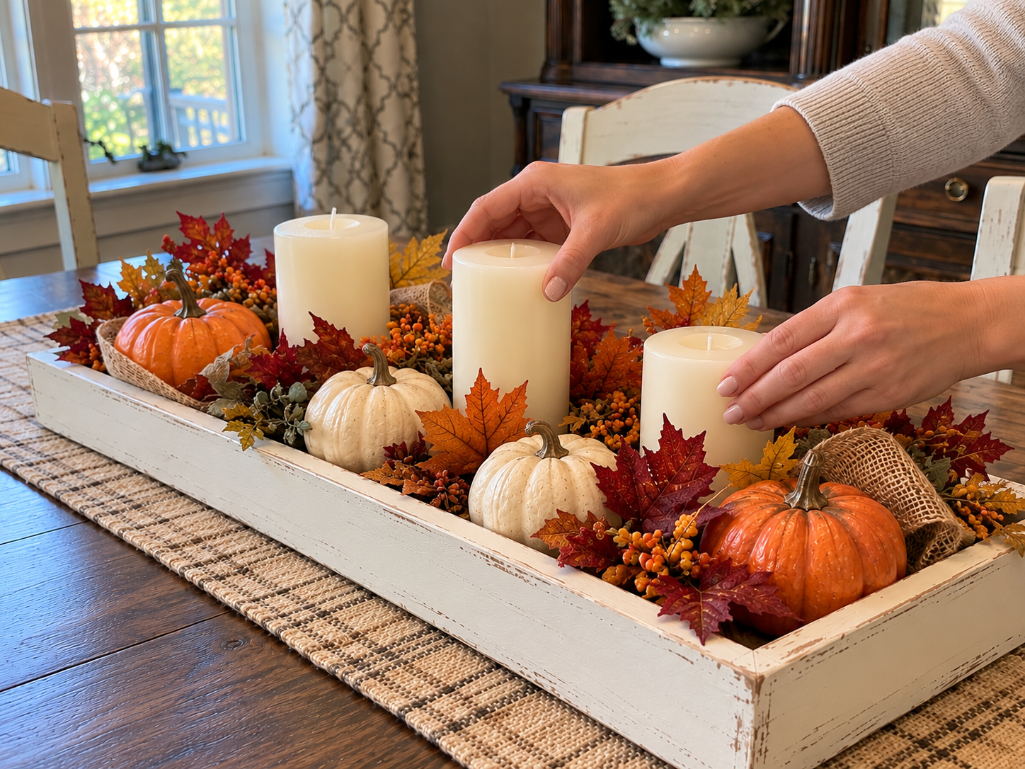 DIY Distressed Wooden Tray Fall Centerpiece for a Thanksgiving Table, step 7: Add Pillar Candles