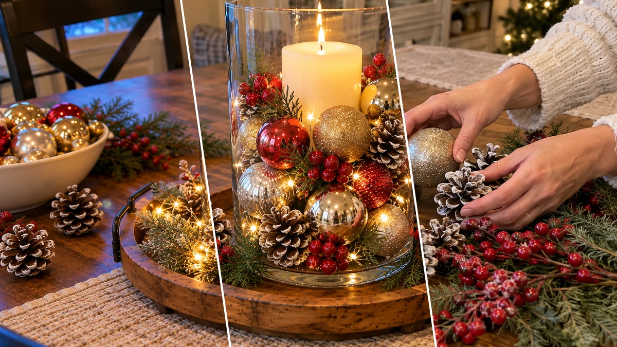 DIY Dollar Tree Christmas Hurricane Centerpiece, DIY Holiday & Seasonal craft tutorial for Christmas
