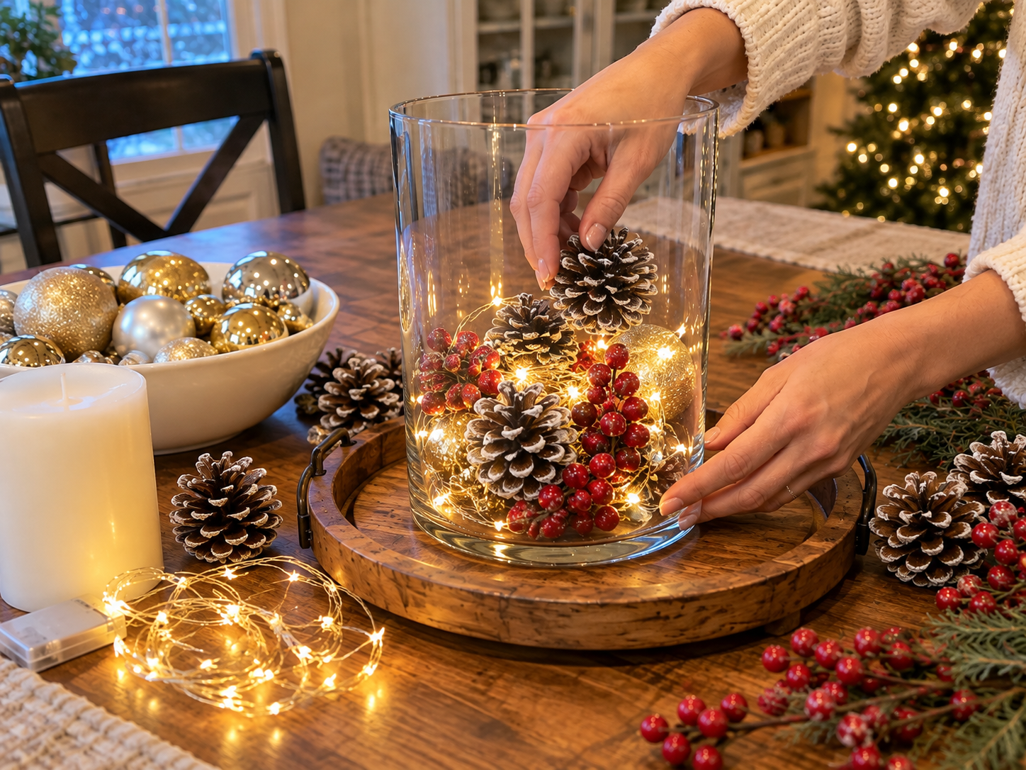 DIY Dollar Tree Christmas Hurricane Centerpiece, step 4: Add Berry Picks and Fairy Lights