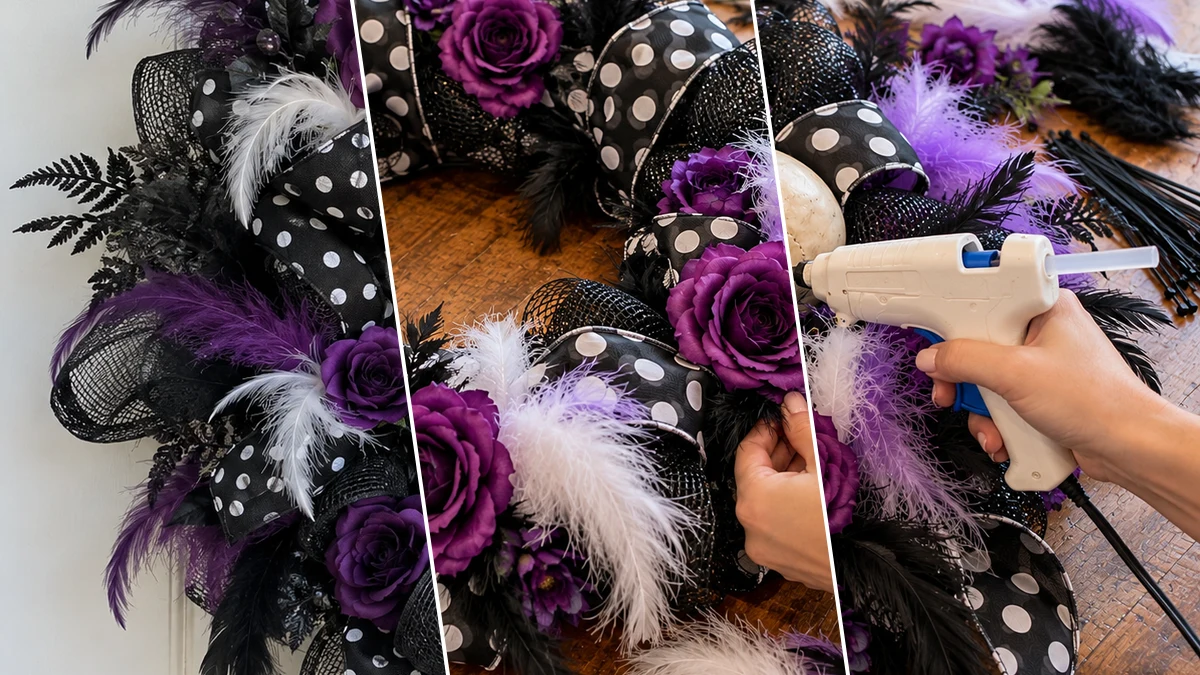 DIY Double Skull Purple Rose Wreath for Halloween Door Decor, DIY Holiday & Seasonal craft tutorial for Halloween