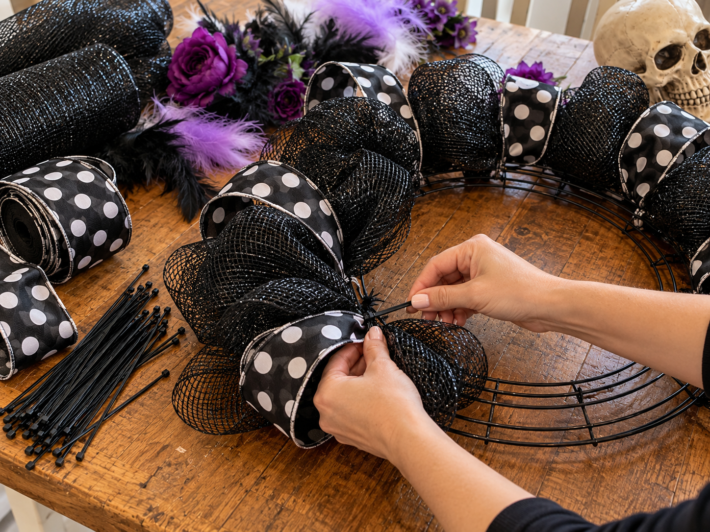 DIY Double Skull Purple Rose Wreath for Halloween Door Decor, step 1: Secure Deco Mesh Base