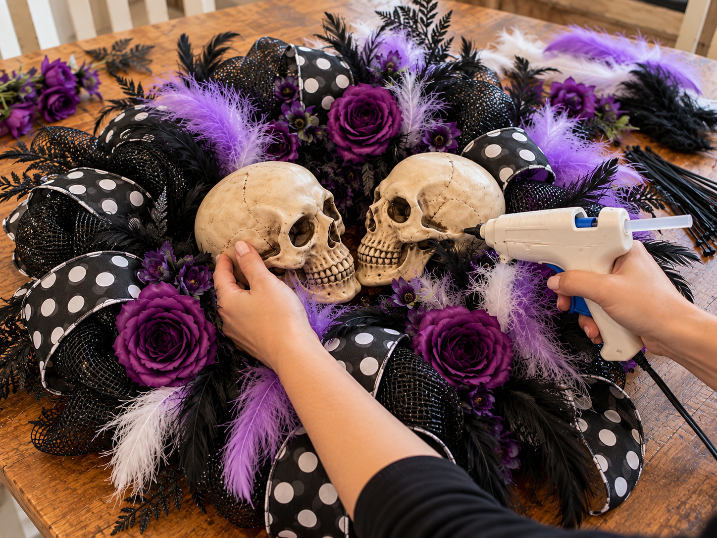 DIY Double Skull Purple Rose Wreath for Halloween Door Decor, step 3: Position and Attach Skulls