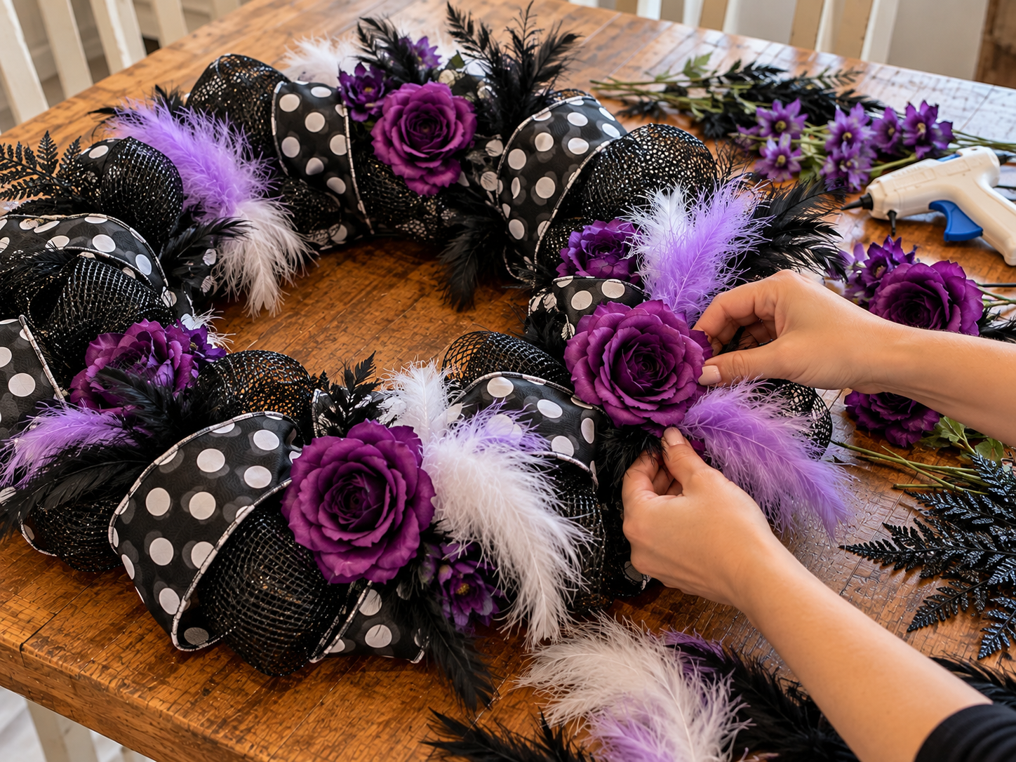 DIY Double Skull Purple Rose Wreath for Halloween Door Decor, step 4: Arrange Purple Roses & Ferns