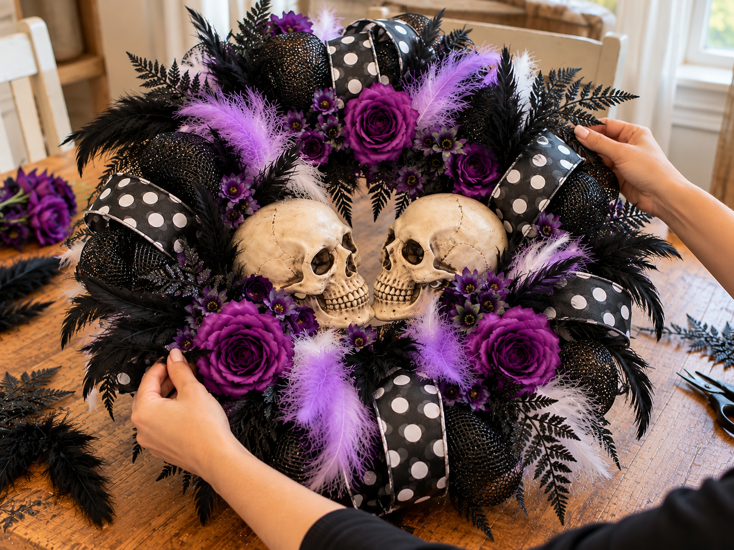DIY Double Skull Purple Rose Wreath for Halloween Door Decor, step 5: Embellish with Assorted Feathers