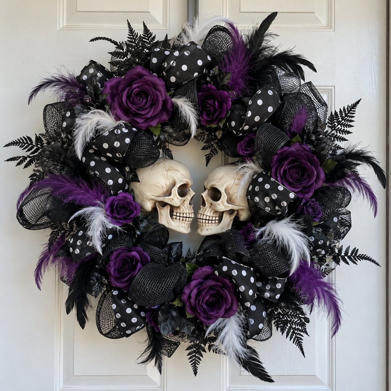 DIY Double Skull Purple Rose Wreath for Halloween Door Decor, step 6: Review and Refine Wreath