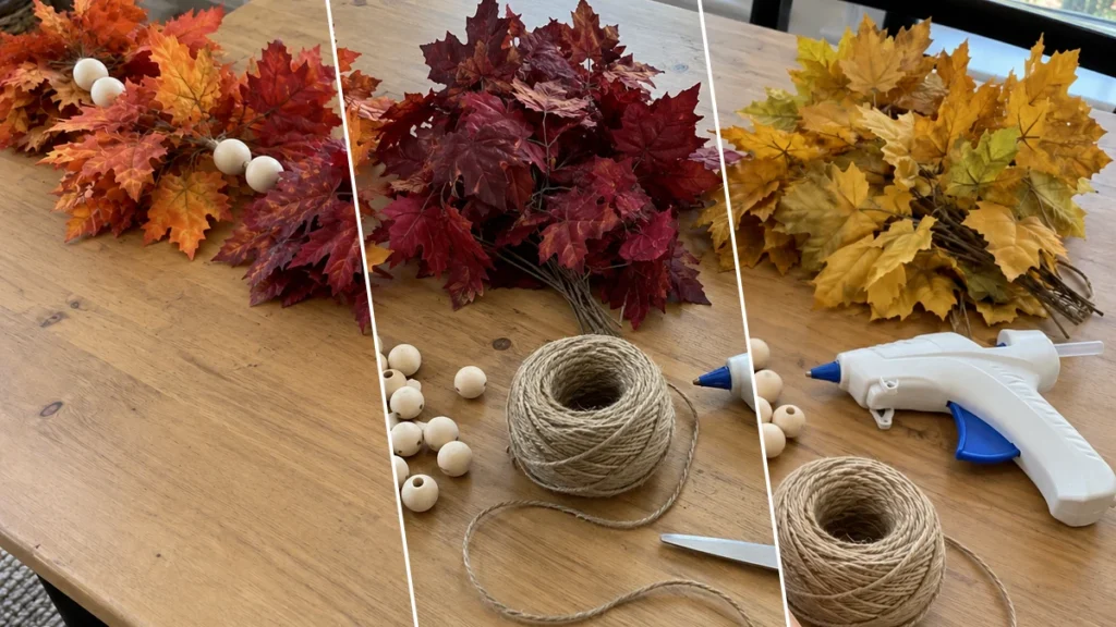DIY Faux Fall Leaf & Wooden Bead Garland for Rustic Mantel Decor