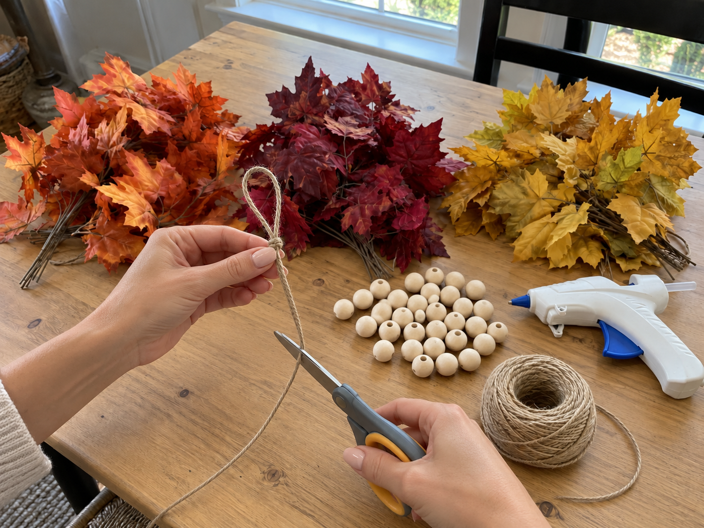 DIY Faux Fall Leaf & Wooden Bead Garland for Rustic Mantel Decor, step 2: Prepare the Garland Twine
