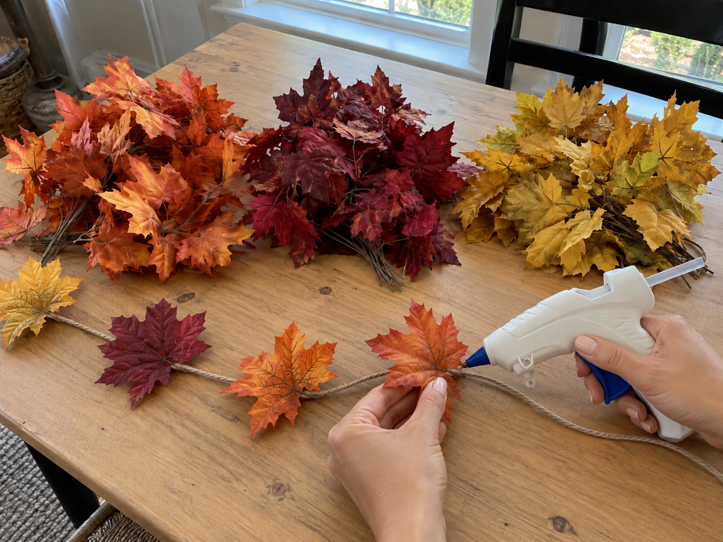 DIY Faux Fall Leaf & Wooden Bead Garland for Rustic Mantel Decor, step 3: Attach Faux Leaves
