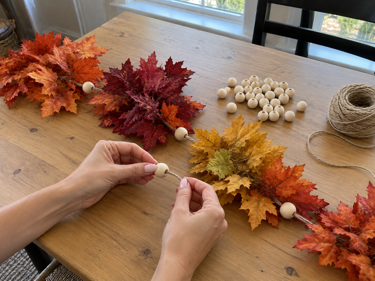 DIY Faux Fall Leaf & Wooden Bead Garland for Rustic Mantel Decor, step 4: Thread and Secure Wooden Beads
