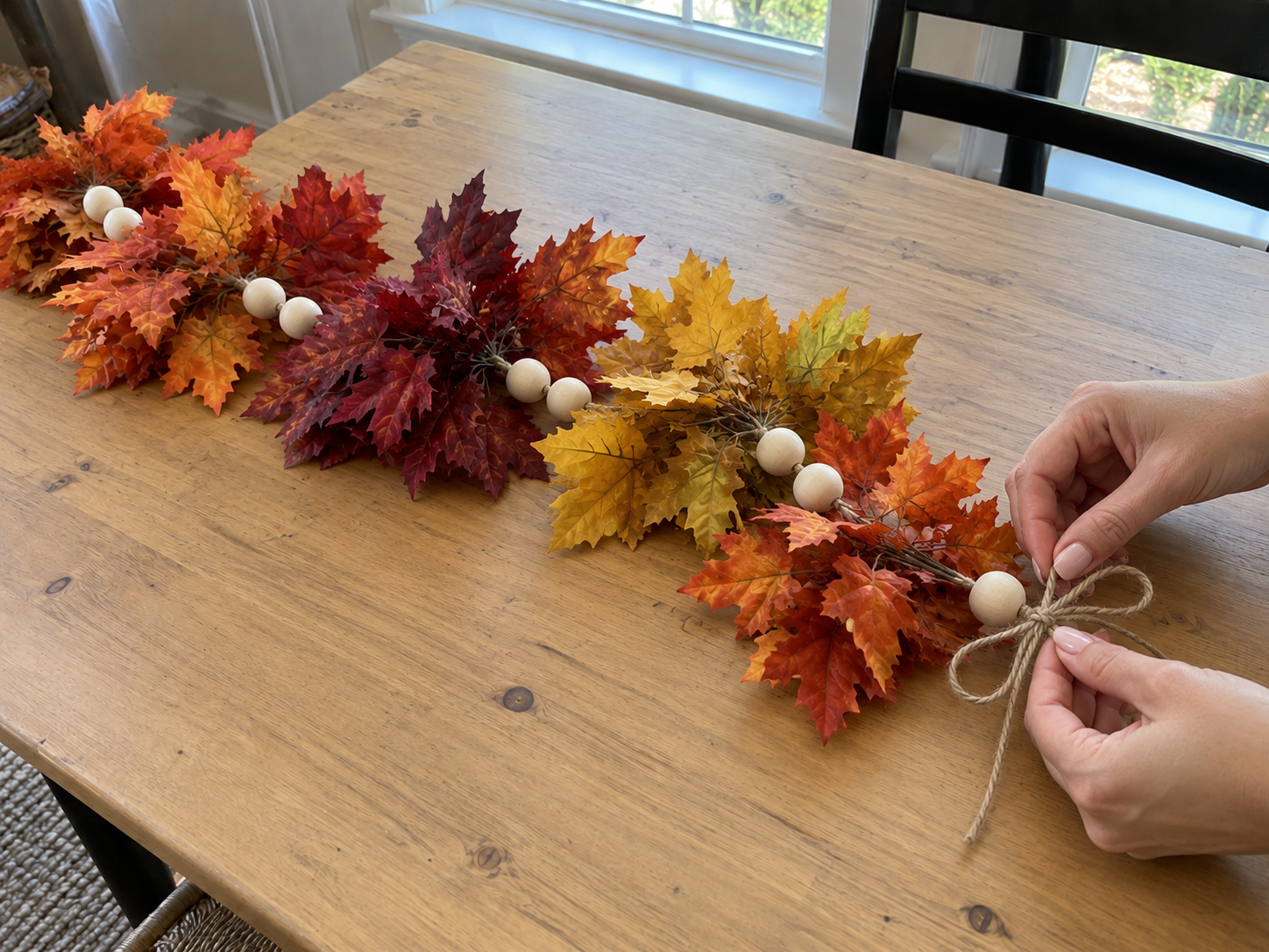 DIY Faux Fall Leaf & Wooden Bead Garland for Rustic Mantel Decor, step 5: Finish and Display