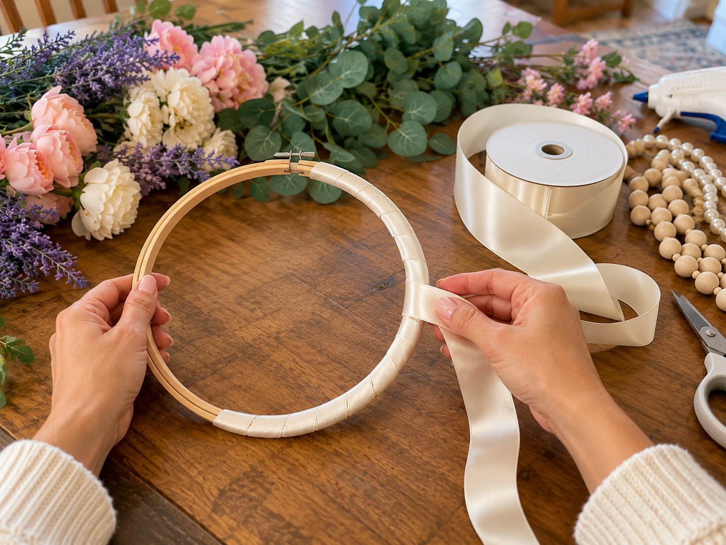 DIY Faux Floral Hoop Chandelier for a Nursery or Bedroom, step 1: Wrap the Hoop Base