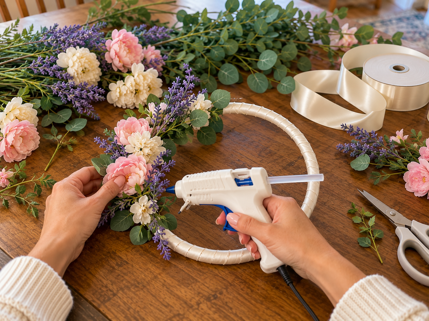 DIY Faux Floral Hoop Chandelier for a Nursery or Bedroom, step 2: Adorn with Top Florals and Greenery
