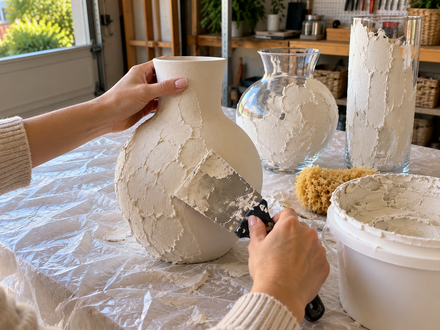 DIY Faux Plaster Vases from Glass or Plastic for Rustic Home Decor, step 2: Apply Base Layer of Compound
