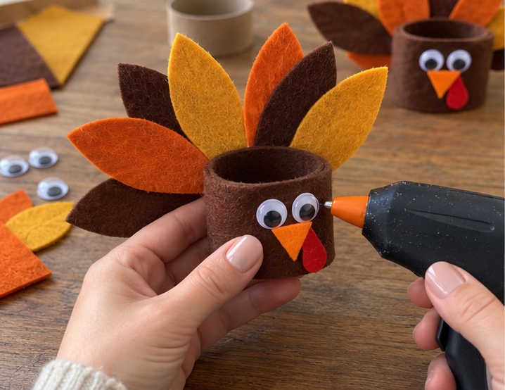 DIY Felt Turkey Napkin Rings from Upcycled Cardboard Tubes for Thanksgiving, step 4: Add the Turkey Face Details