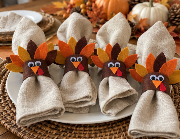 DIY Felt Turkey Napkin Rings from Upcycled Cardboard Tubes for Thanksgiving, step 5: Display Your Turkey Napkin Rings