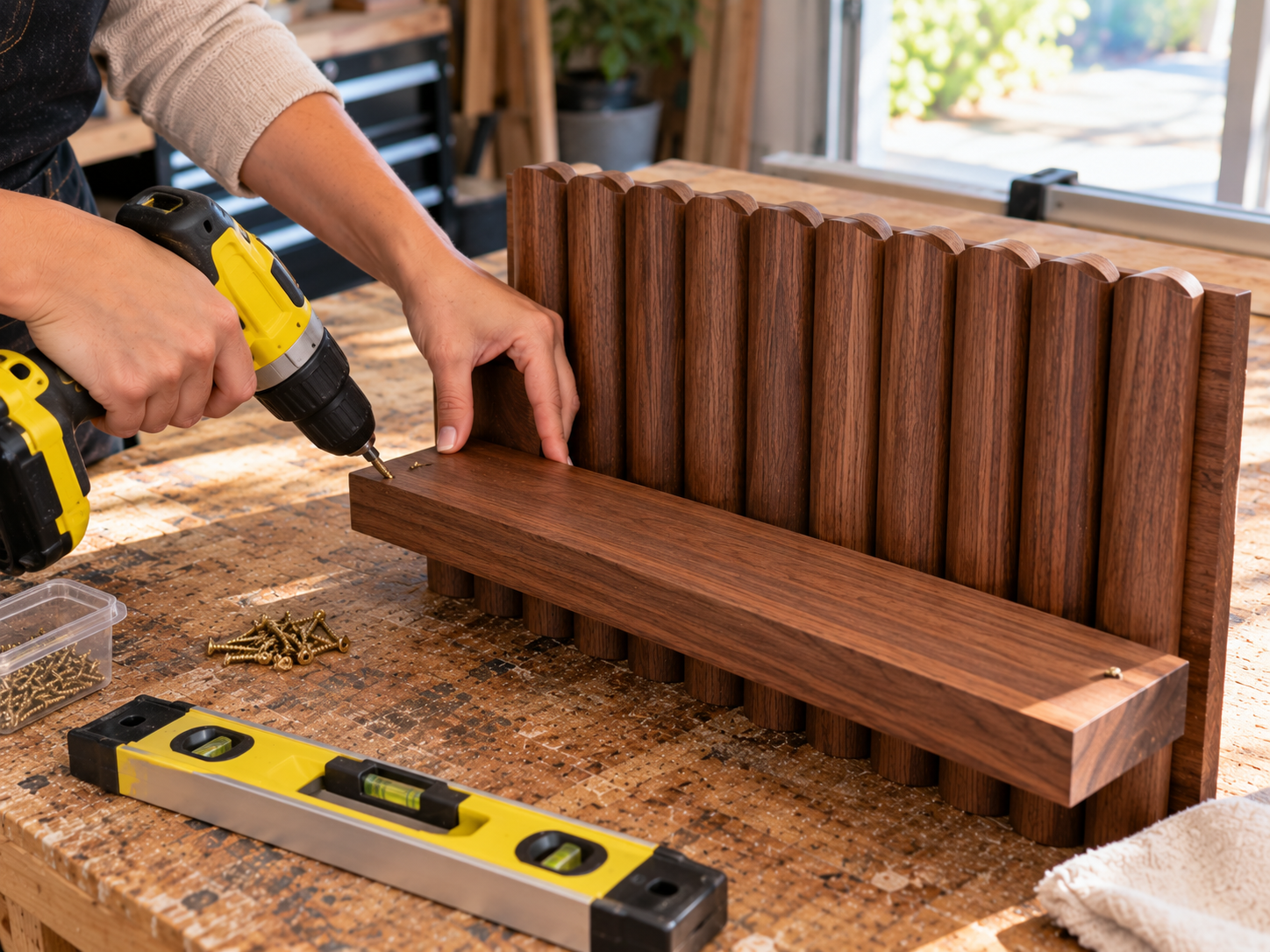 DIY Fluted Wood Wall Shelf with Dark Walnut Finish, step 4: Attach the Ledge Shelf