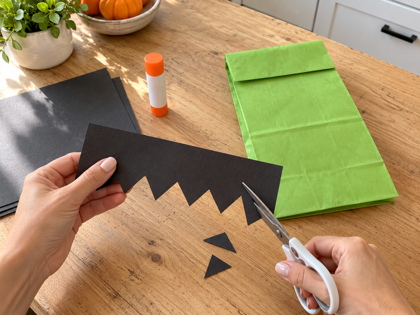 DIY Frankenstein Paper Lunch Bag Treat Bags for Halloween Party Favors, step 1: Prepare Bags and Cut Hair Strips