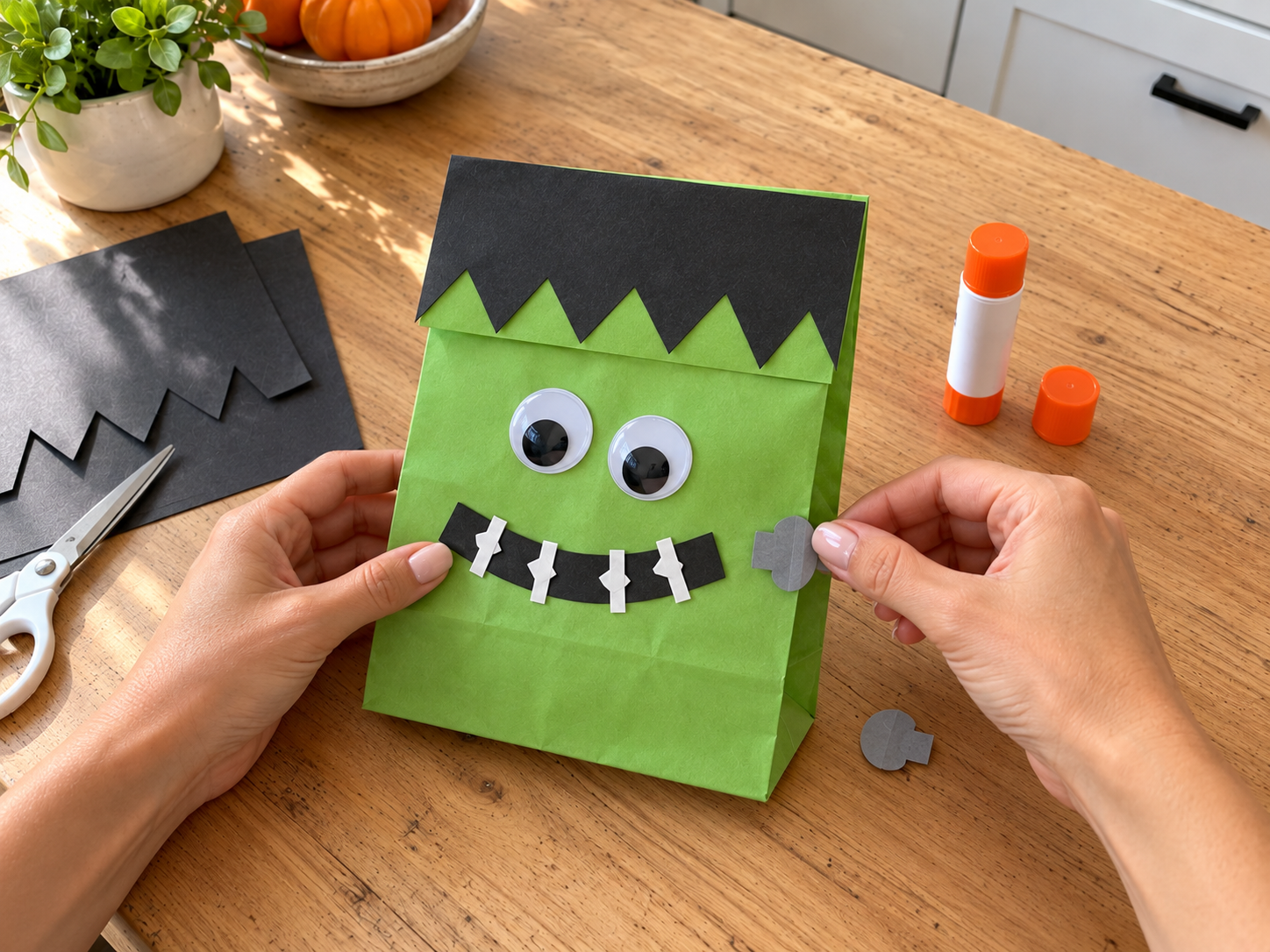 DIY Frankenstein Paper Lunch Bag Treat Bags for Halloween Party Favors, step 5: Create and Place Neck Bolts