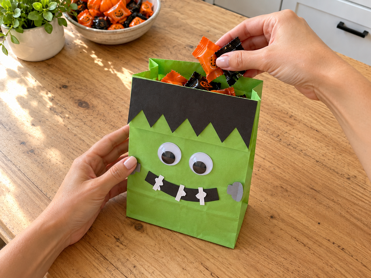 DIY Frankenstein Paper Lunch Bag Treat Bags for Halloween Party Favors, step 6: Fill with Treats