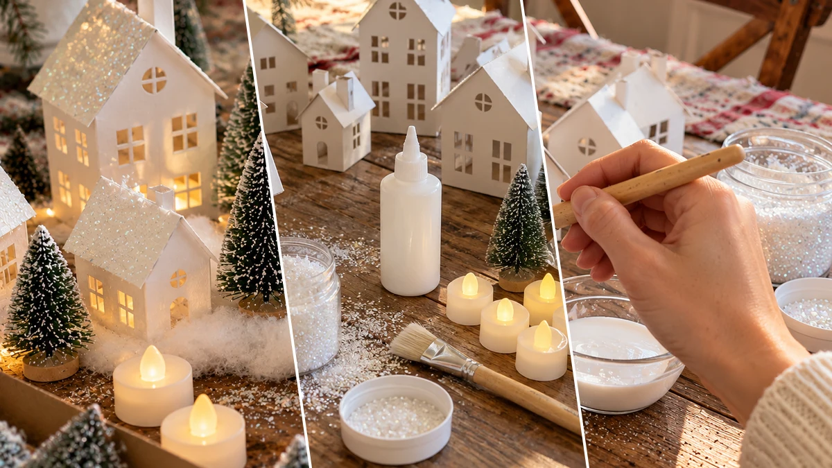 DIY Glitter Putz Style Christmas Village for Festive Mantel Decor, DIY Holiday & Seasonal craft tutorial for Christmas
