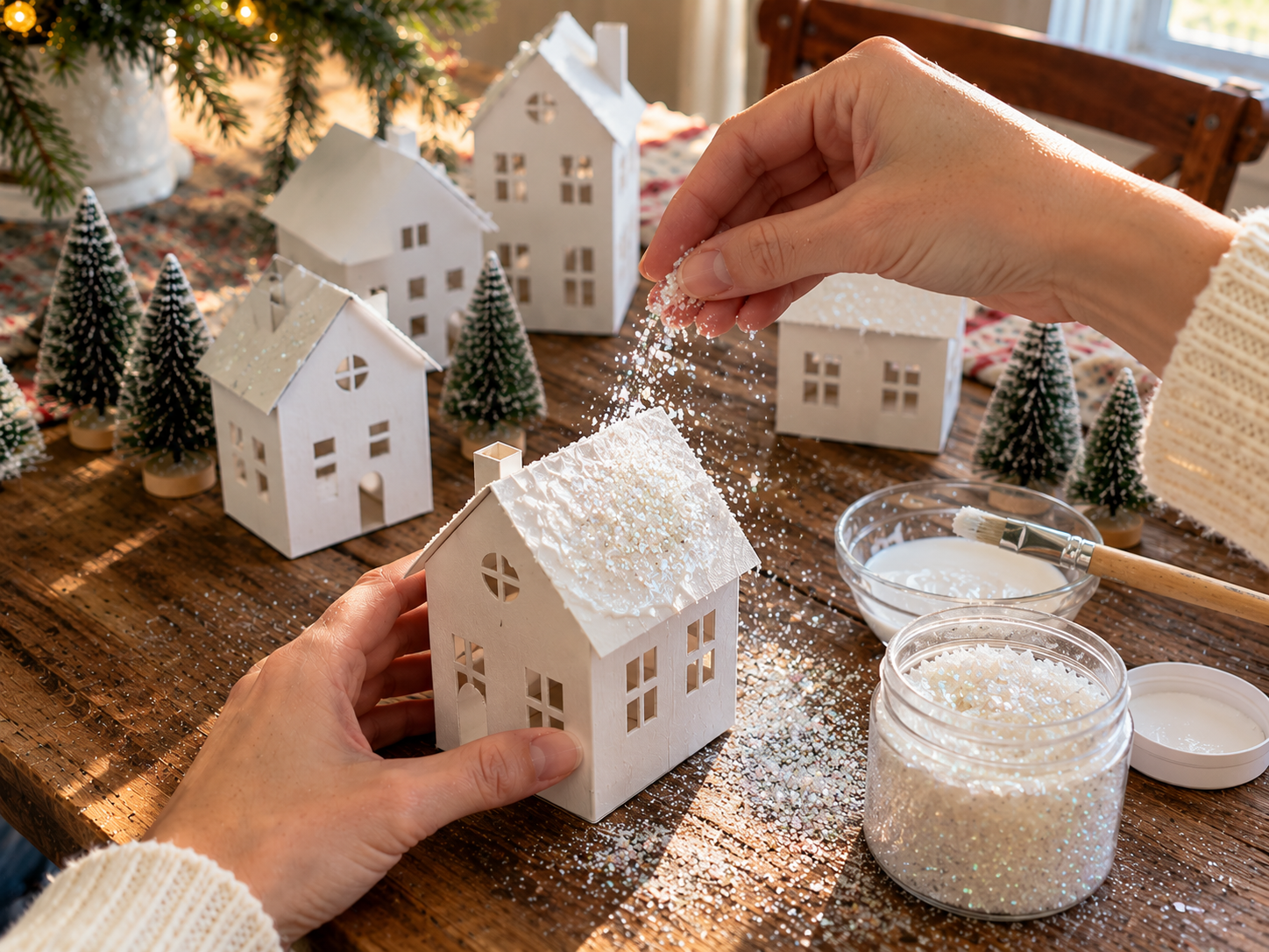 DIY Glitter Putz Style Christmas Village for Festive Mantel Decor, step 3: Detail Houses & Add Embellishments