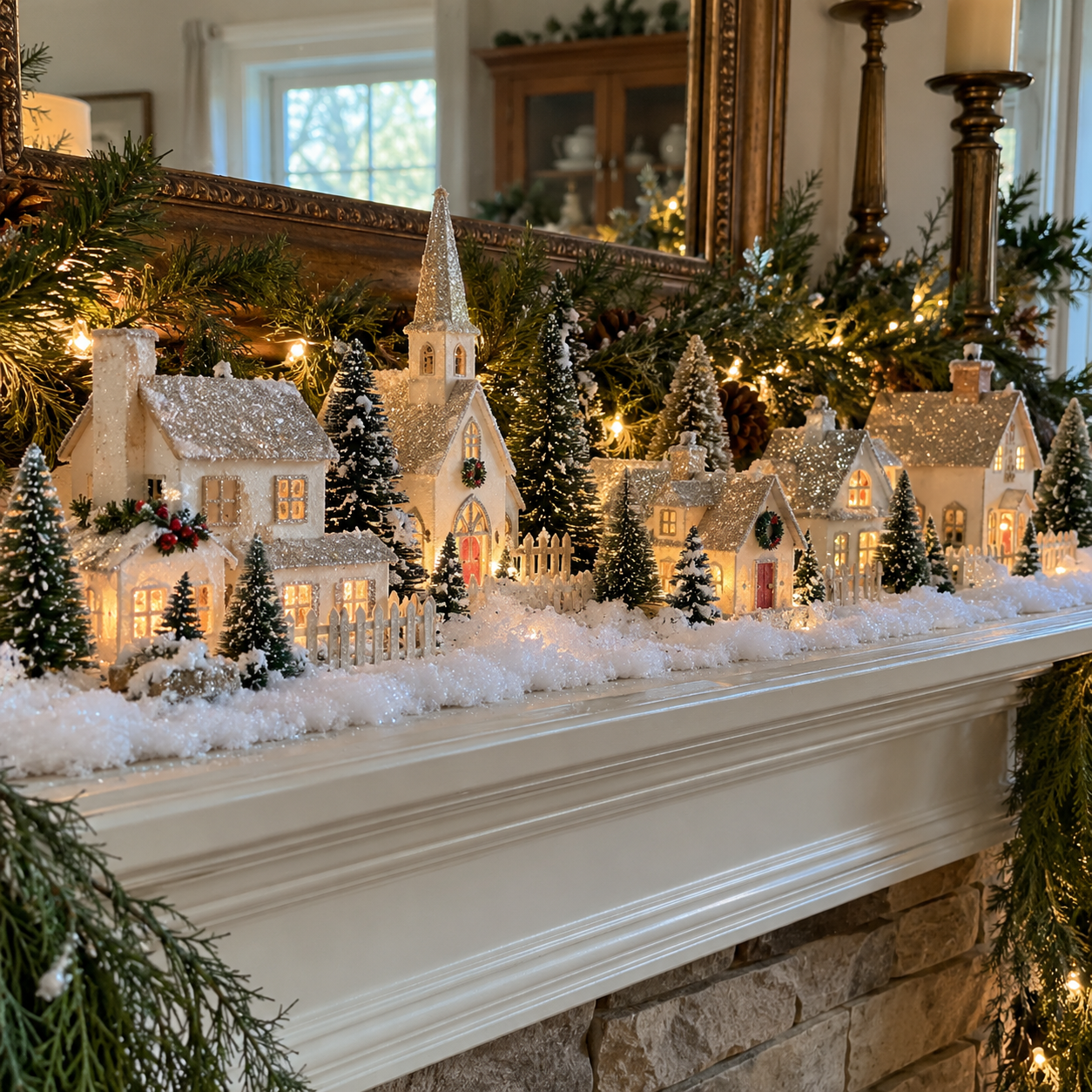 DIY Glitter Putz Style Christmas Village for Festive Mantel Decor, step 5: Arrange Houses & LED Lights