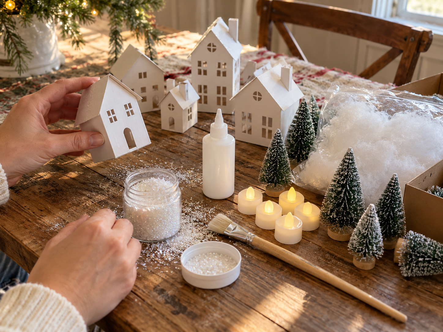 DIY Glitter Putz Style Christmas Village for Festive Mantel Decor, step 6: Add Miniature Trees & Fencing