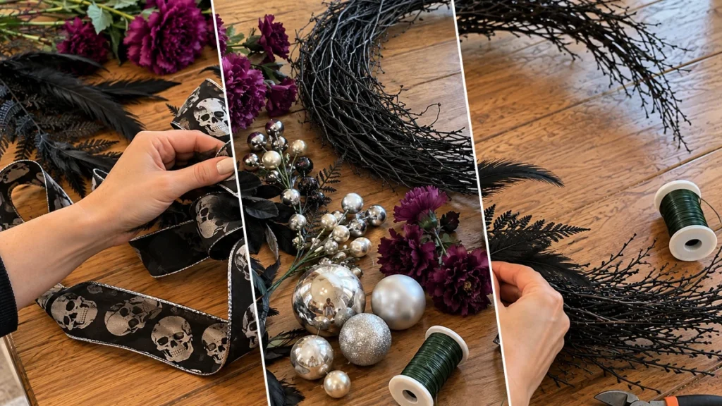 DIY Gothic Silver Skull Crescent Moon Wreath for Halloween Door Decor
