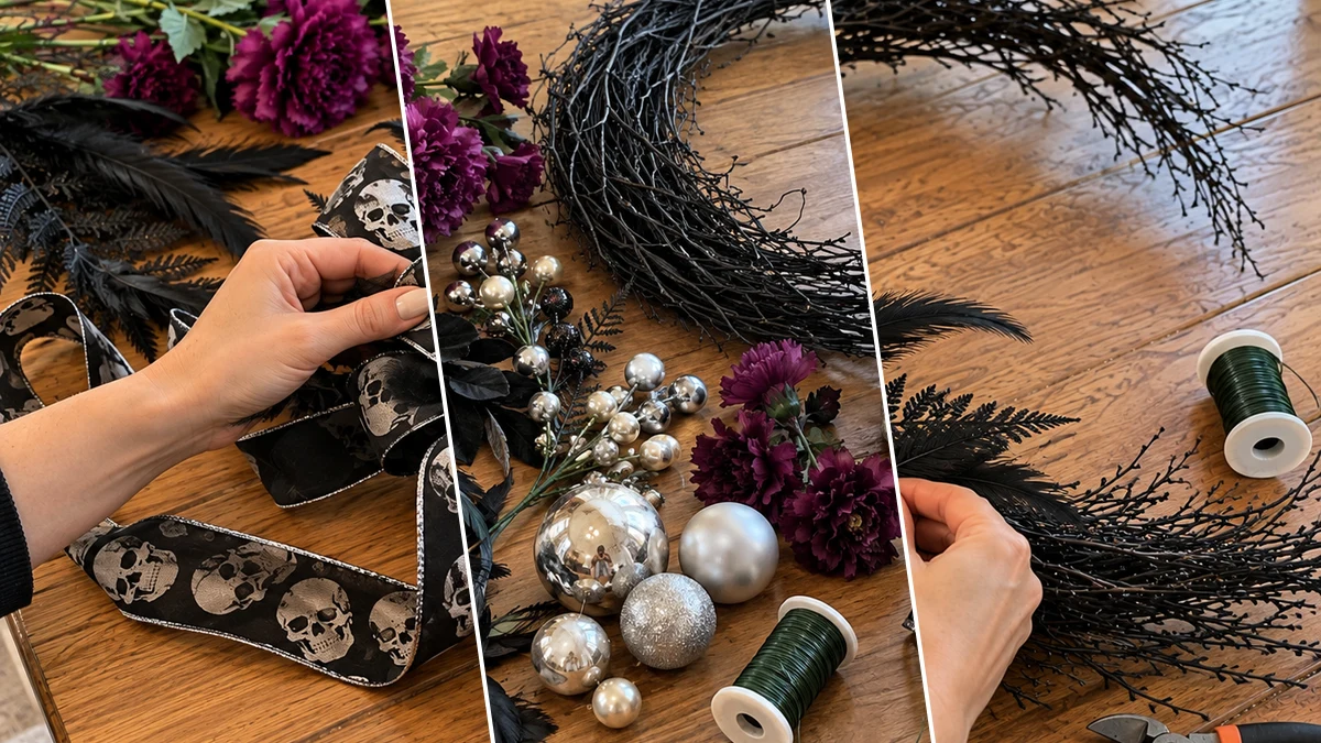 DIY Gothic Silver Skull Crescent Moon Wreath for Halloween Door Decor, DIY Holiday & Seasonal craft tutorial for Halloween
