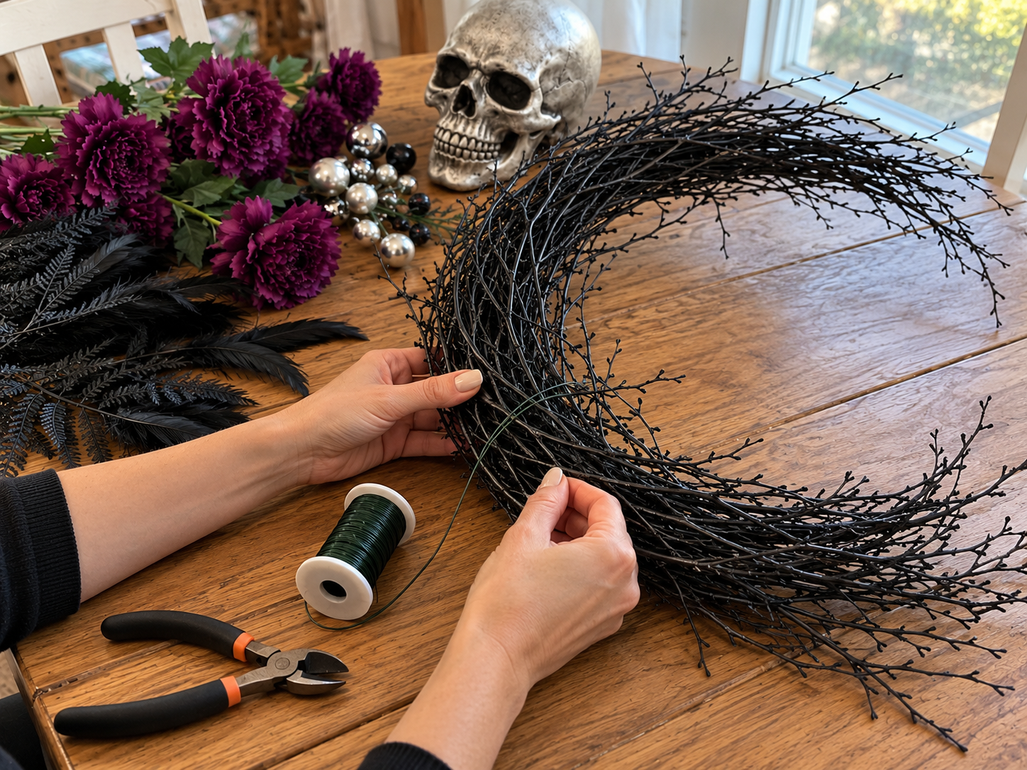 DIY Gothic Silver Skull Crescent Moon Wreath for Halloween Door Decor, step 1: Secure the Skull Base