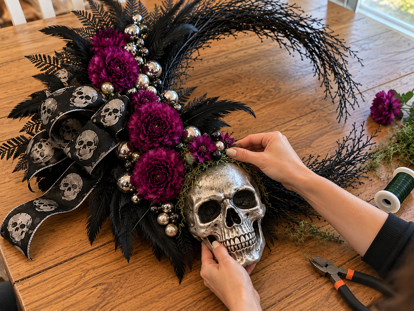 DIY Gothic Silver Skull Crescent Moon Wreath for Halloween Door Decor, step 2: Build the Dark Greenery Foundation