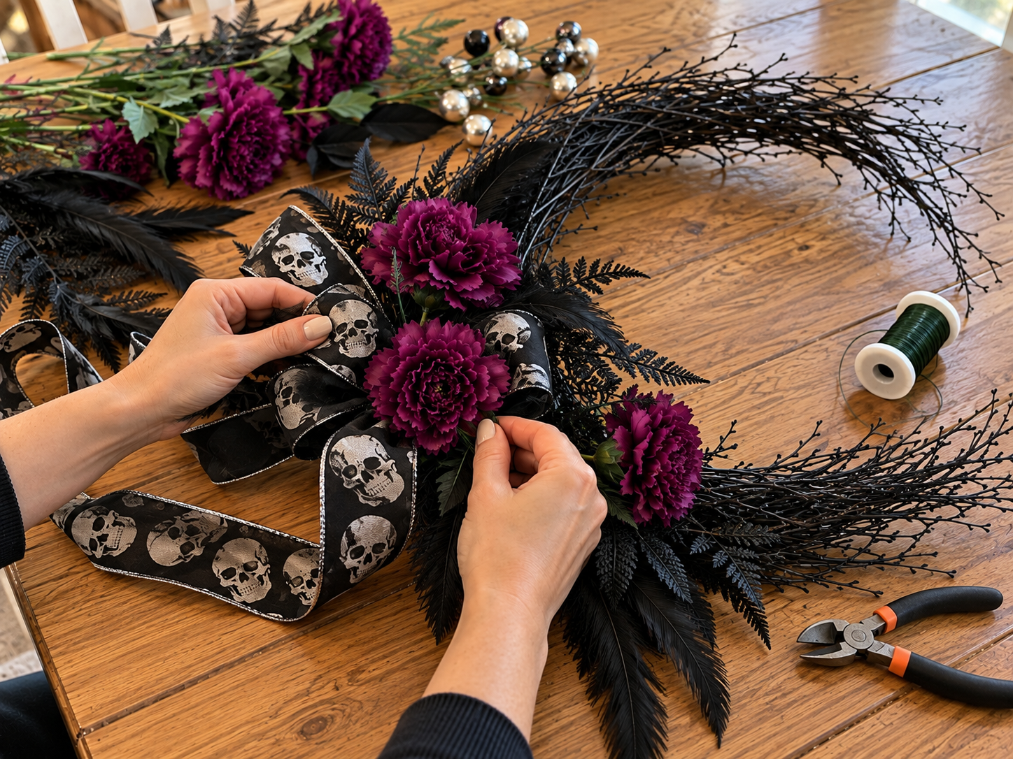 DIY Gothic Silver Skull Crescent Moon Wreath for Halloween Door Decor, step 5: Craft and Attach the Skull Bow