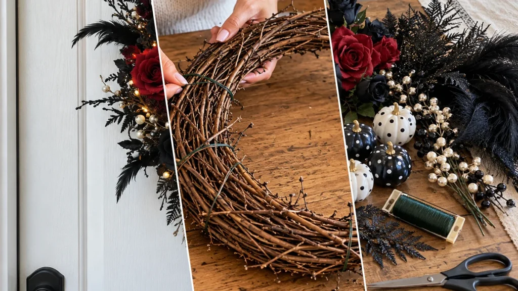 DIY Gothic Skull Crescent Moon Wreath for Halloween Door Decor