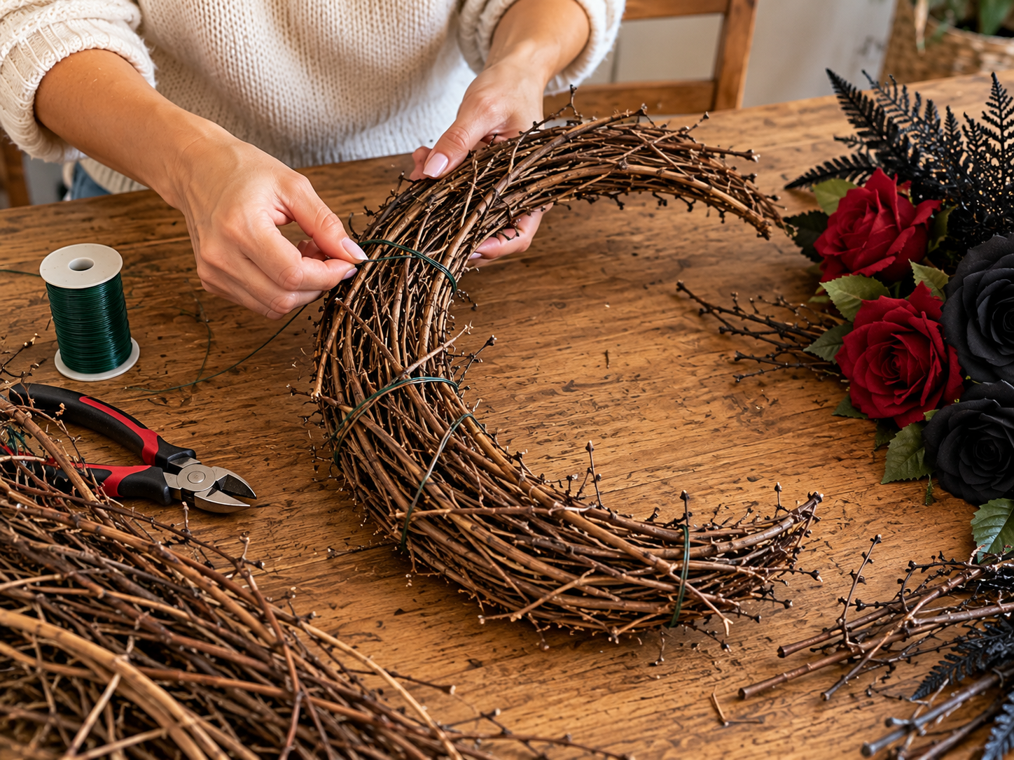 DIY Gothic Skull Crescent Moon Wreath for Halloween Door Decor, step 1: Prepare the Wreath Base & Lights
