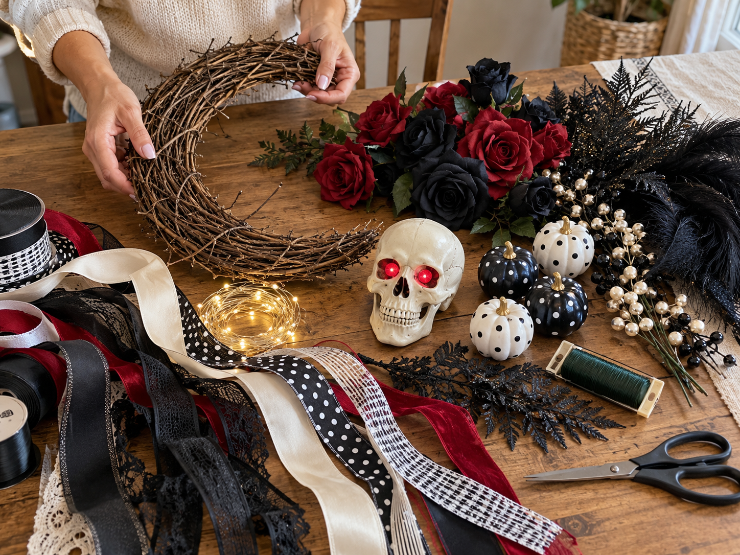 DIY Gothic Skull Crescent Moon Wreath for Halloween Door Decor, step 2: Secure the Skull Focal Point
