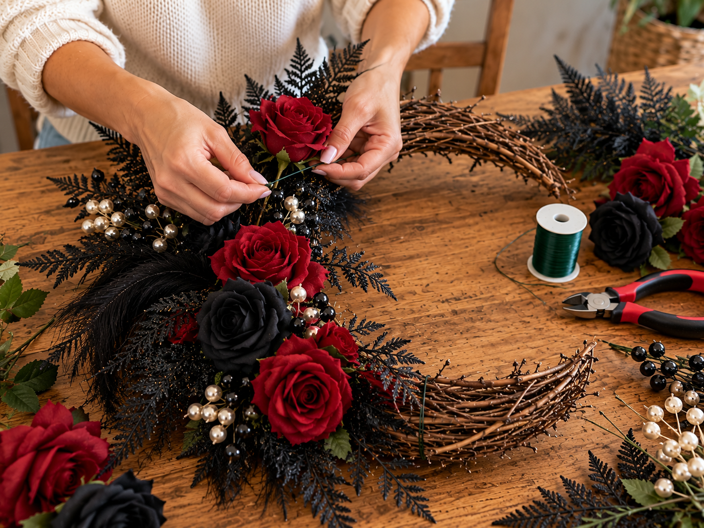 DIY Gothic Skull Crescent Moon Wreath for Halloween Door Decor, step 3: Arrange Primary Floral Elements