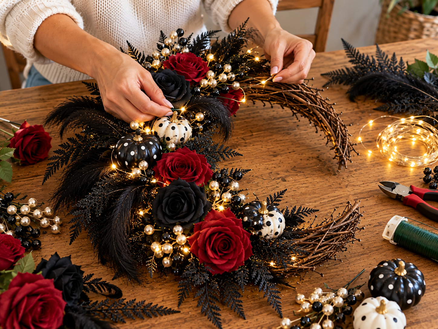 DIY Gothic Skull Crescent Moon Wreath for Halloween Door Decor, step 4: Add Accent Florals & Fillers