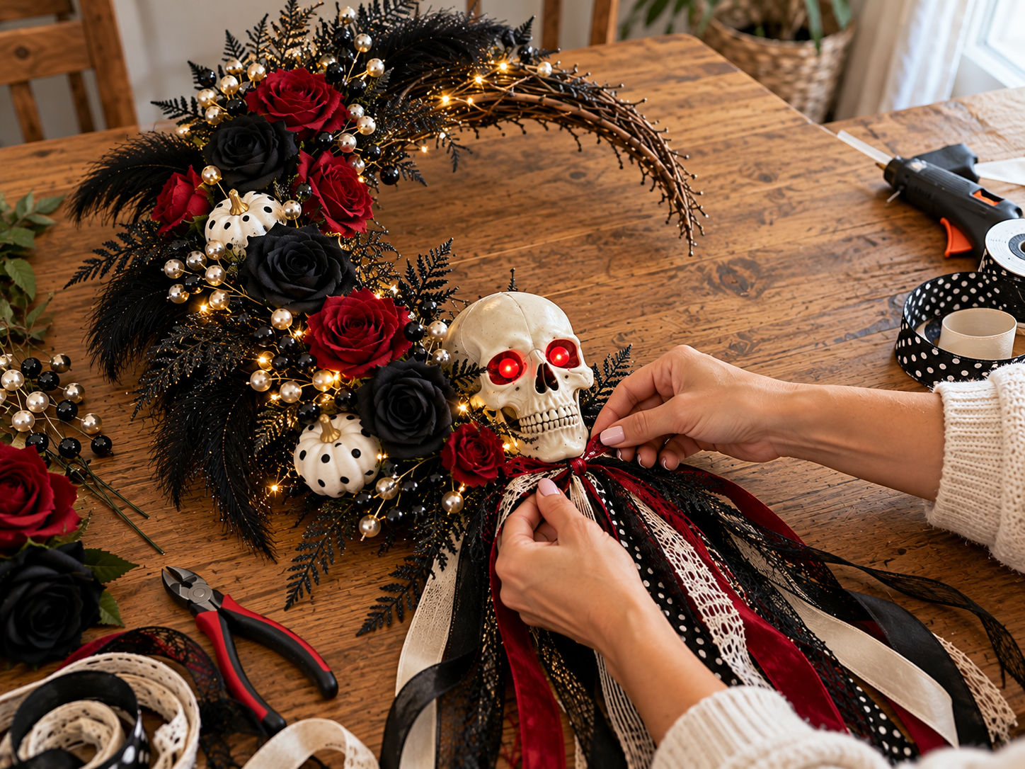DIY Gothic Skull Crescent Moon Wreath for Halloween Door Decor, step 5: Create Ribbon Streamers