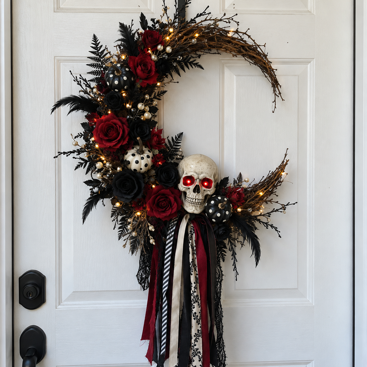 DIY Gothic Skull Crescent Moon Wreath for Halloween Door Decor, step 6: Final Adjustments & Display