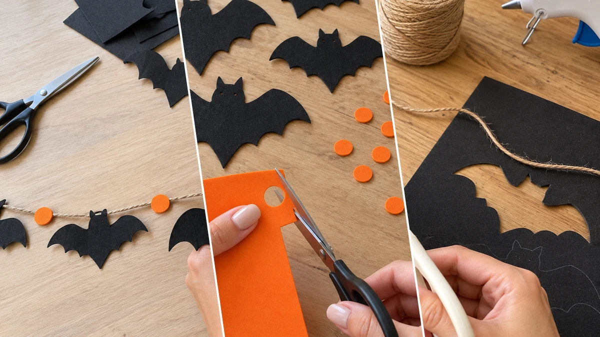 DIY Halloween Bat and Dot Garland for Mantel or Wall with Craft Foam, DIY Holiday & Seasonal craft tutorial for Halloween