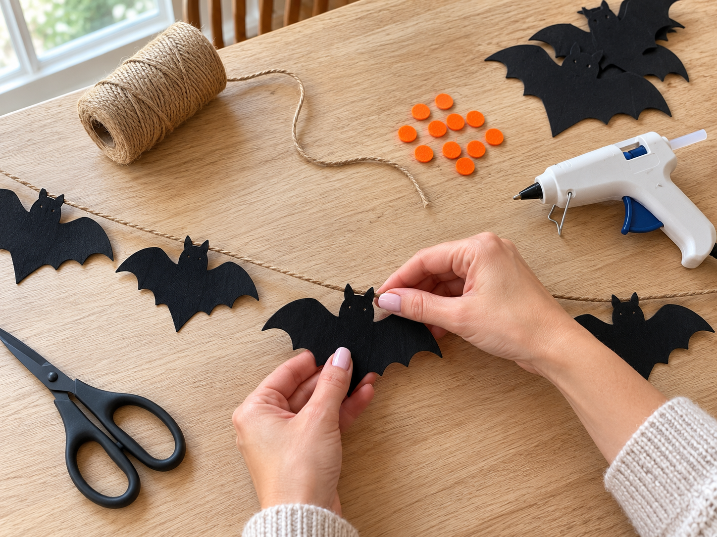 DIY Halloween Bat and Dot Garland for Mantel or Wall with Craft Foam, step 4: Attach Bats to Twine