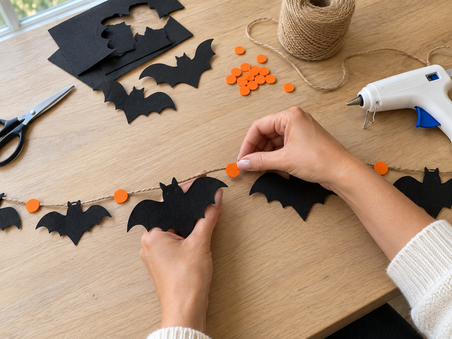 DIY Halloween Bat and Dot Garland for Mantel or Wall with Craft Foam, step 5: Add Orange Dots and Finish