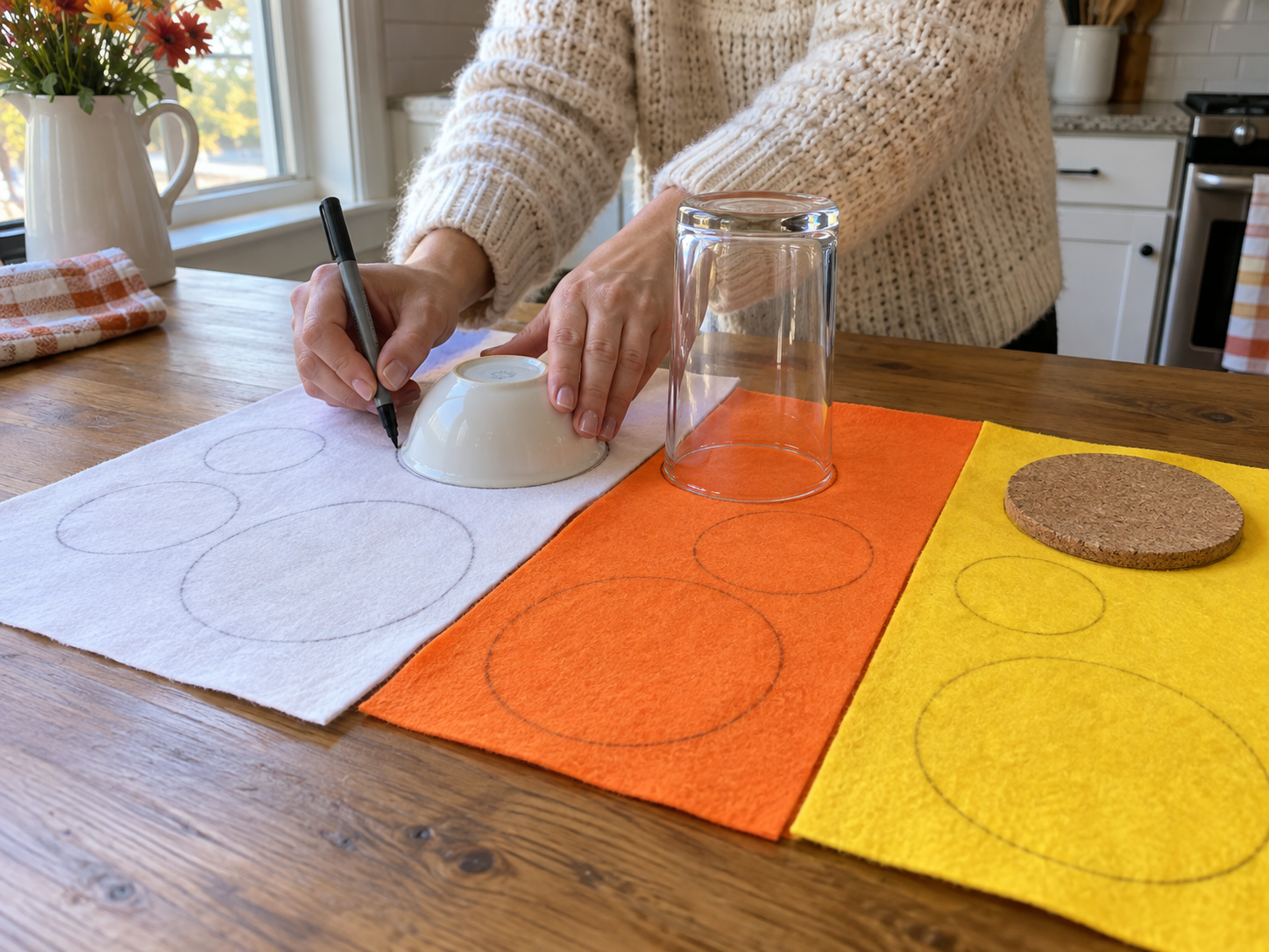 DIY Hand-Stitched Felt Candy Corn Coasters for Fall Home Decor, step 1: Trace Felt Circles