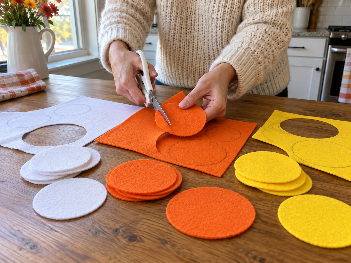 DIY Hand-Stitched Felt Candy Corn Coasters for Fall Home Decor, step 2: Cut Coaster Components