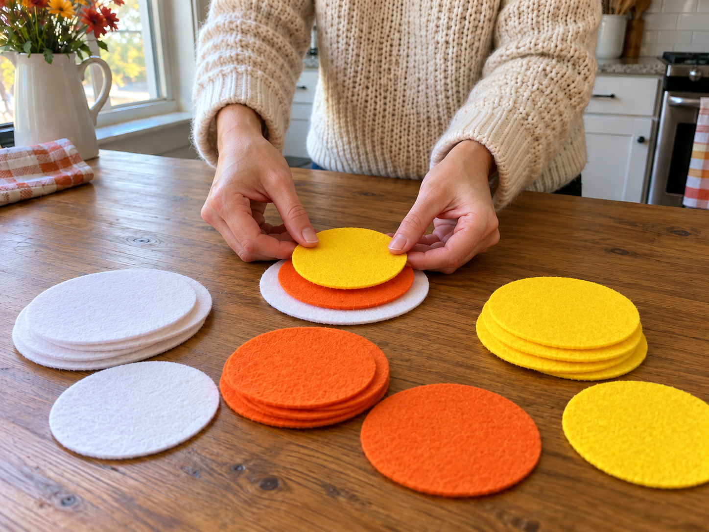 DIY Hand-Stitched Felt Candy Corn Coasters for Fall Home Decor, step 3: Layer and Pin Coaster Elements