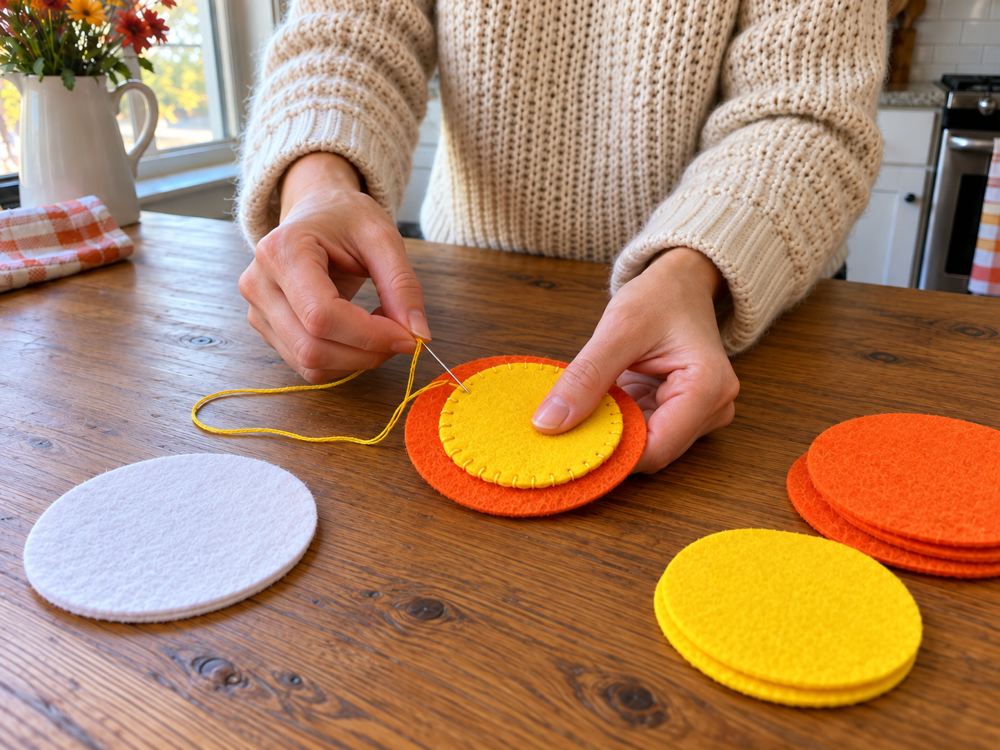 DIY Hand-Stitched Felt Candy Corn Coasters for Fall Home Decor, step 4: Stitch the Inner Ring