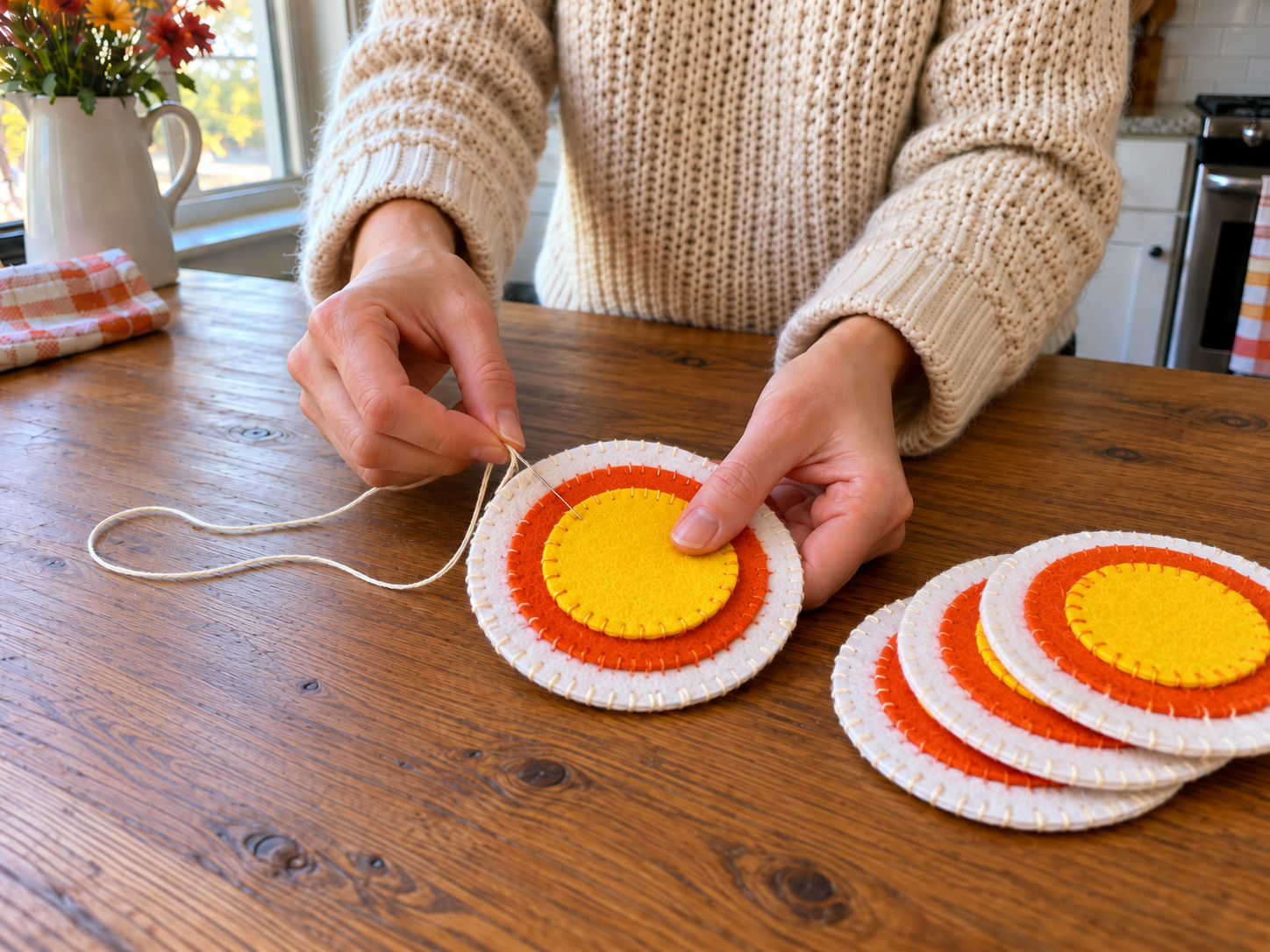 DIY Hand-Stitched Felt Candy Corn Coasters for Fall Home Decor, step 5: Finish the Outer Edge