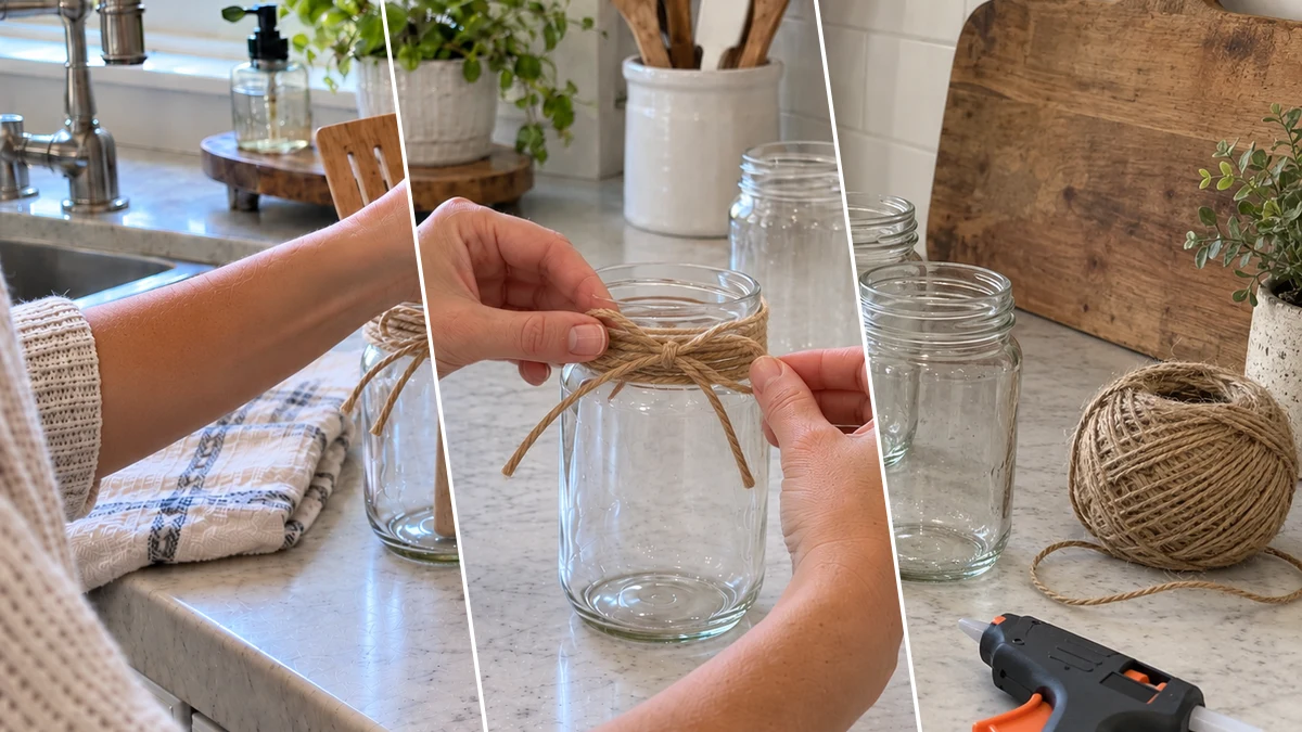 DIY Jute Twine Mason Jar Organizers for Rustic Kitchen Counters, DIY Organizing & Storage craft tutorial for Farmhouse / Rustic
