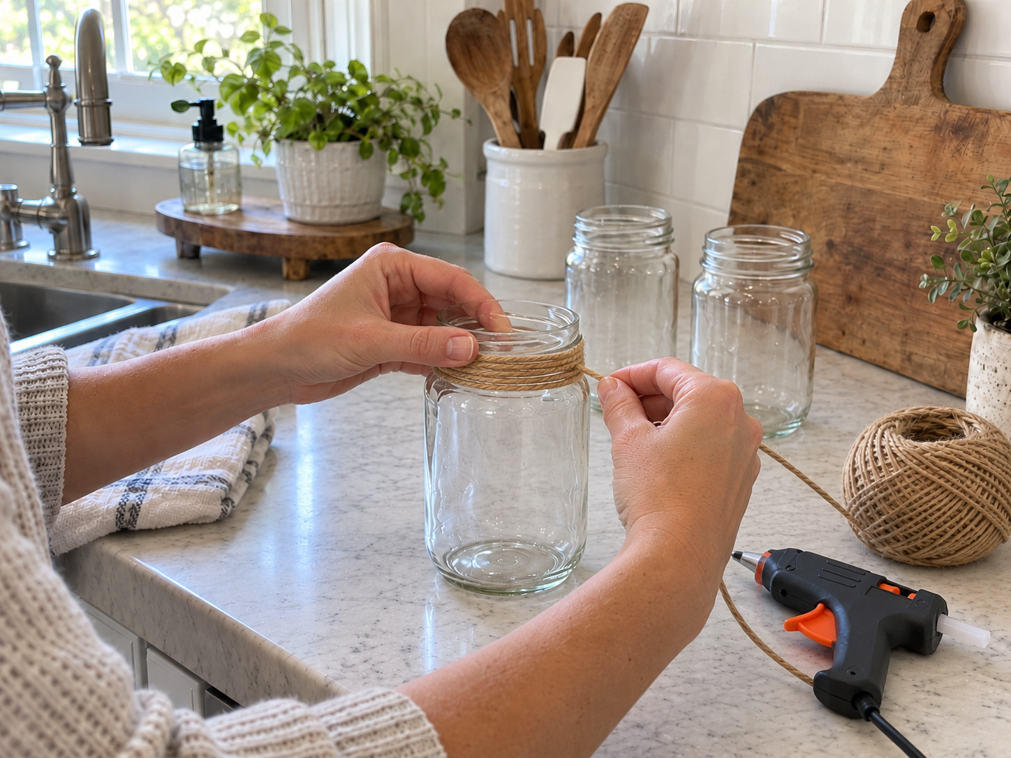 DIY Jute Twine Mason Jar Organizers for Rustic Kitchen Counters, step 3: Wrap the Jar's Neck